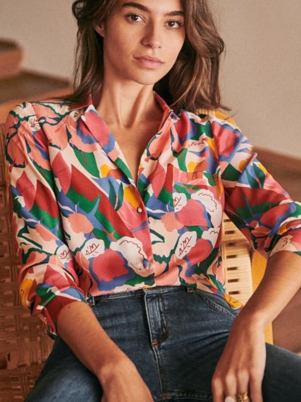 Sézane Florence Silk Shirt Multicolor Abstract Floral Print Blouse Size 42 US 10